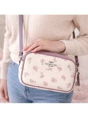 Coach Cream Crossbody Bag with Lavender Trim and Pink Floral Print